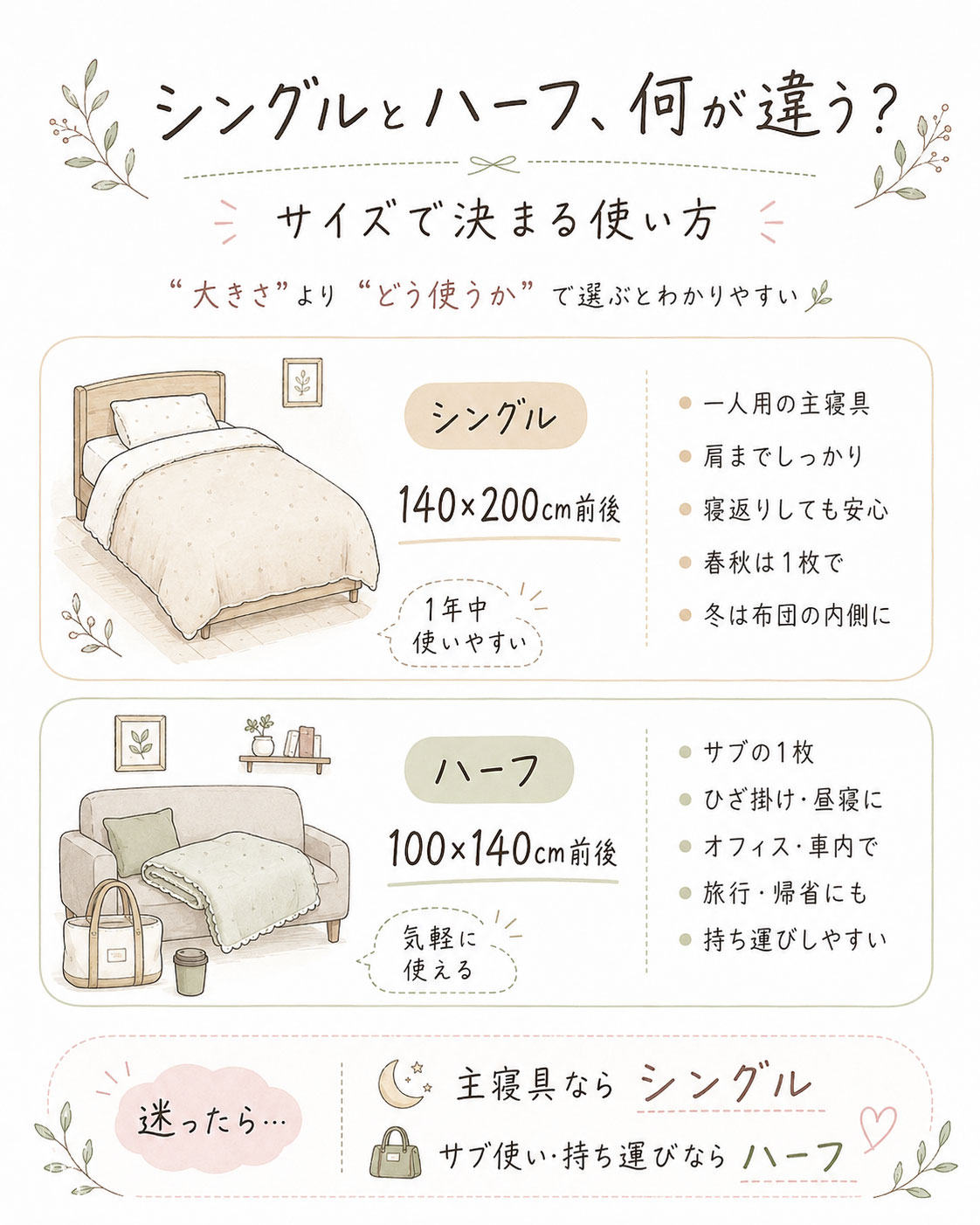シングルサイズとハーフサイズのガーゼケットの違い